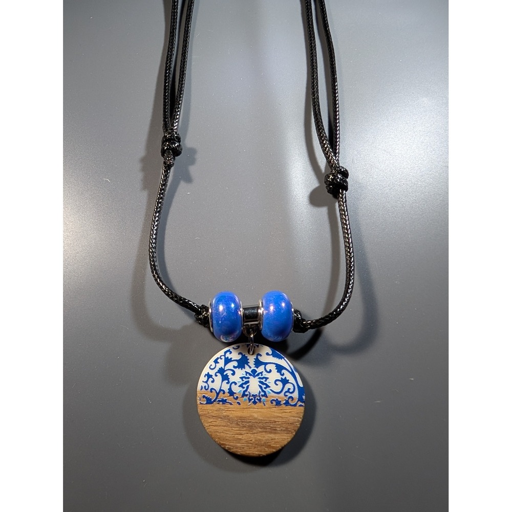 Wood and Resin Blue Floral Pendant Adjustable Cord Necklace Boho Artisan Style